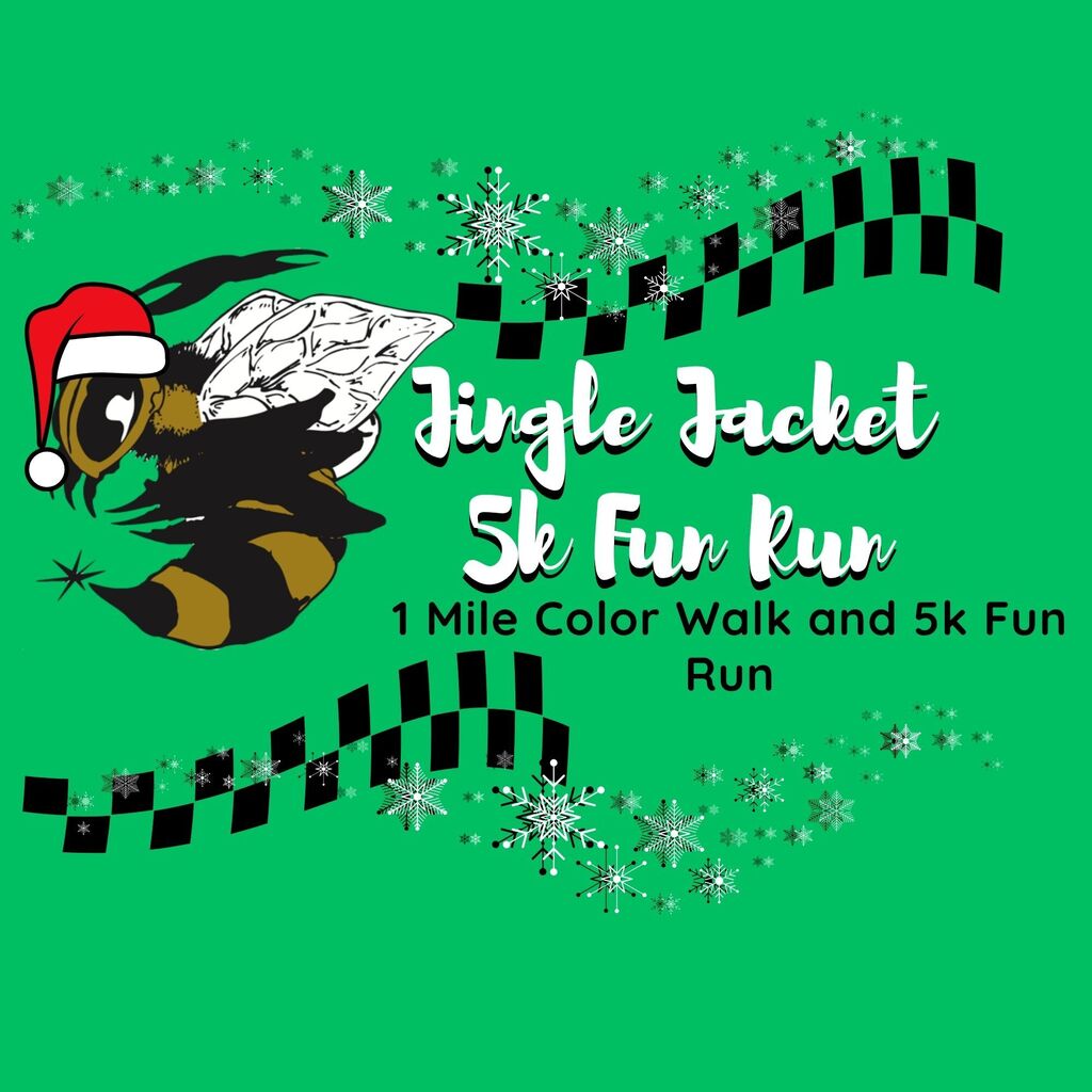 Advertisement for a winter event features a bee in a Santa hat flying with a paper, snowflakes, and checkered patterns on a green background.