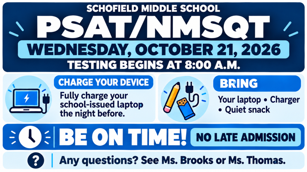 Light blue and White flyer with pictures of a computer and pencil