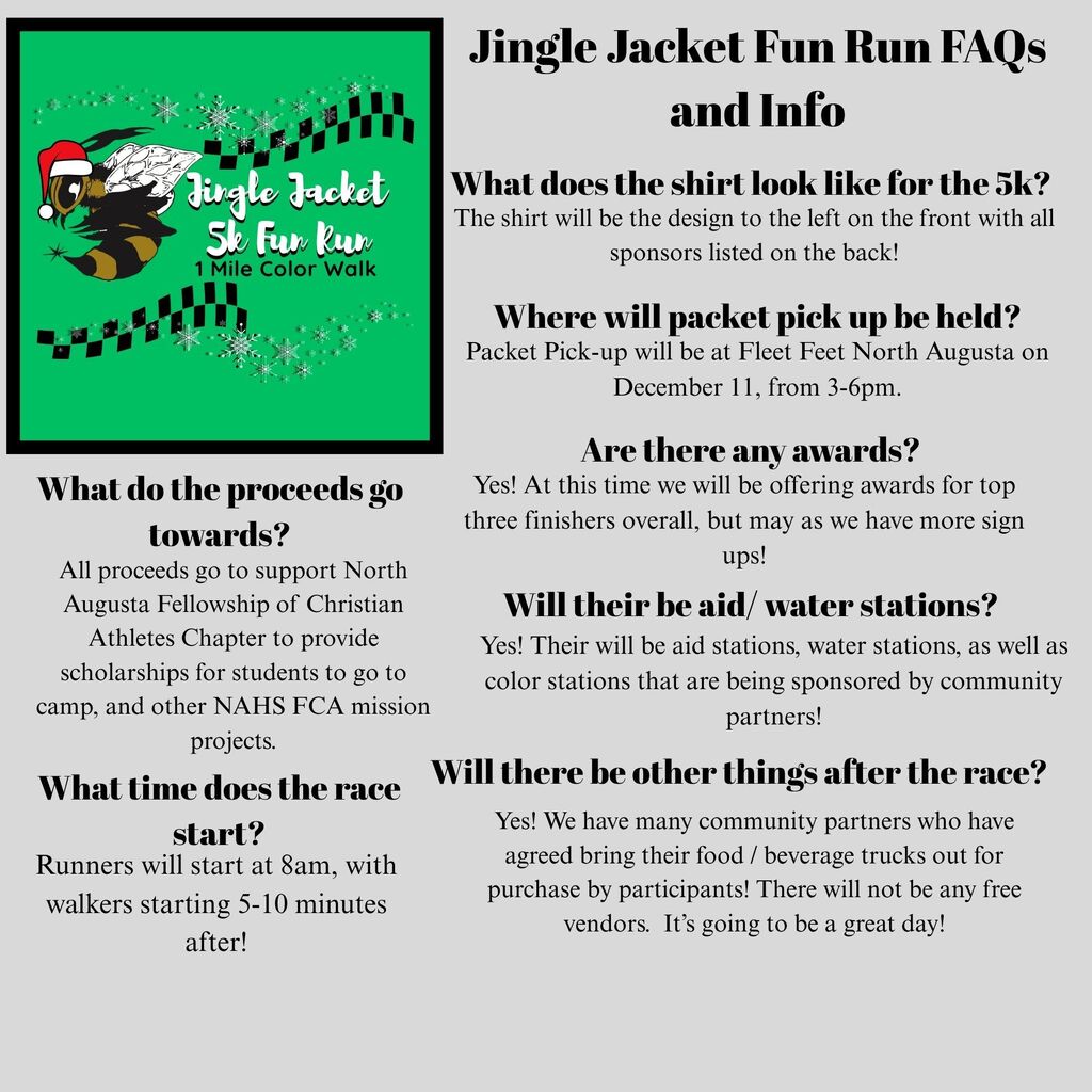 FAQ sheet with multiple questions about a Jingle Jacket Fun Run. The background is green with Christmas colors.