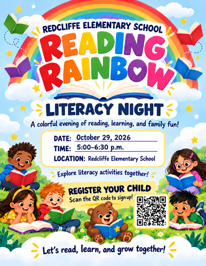 Children sit in grass reading books. Rainbow above. QR code for registration. Text reads "Reading Rainbow Literacy Night."