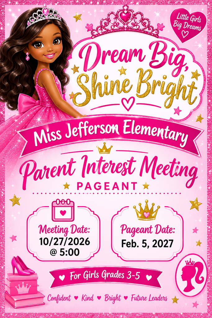 Invitation for Parent Interest Meeting with Pageant. Pink background. Doll wearing pink dress and tiara. Meeting Date: Oct 27, 2026. Pageant Date: Feb 5, 2027.