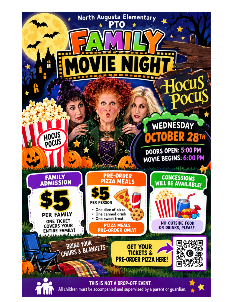 Poster for family movie night. Halloween theme with pumpkins and witches. Popcorn, pizza, and drinks. QR code for tickets.