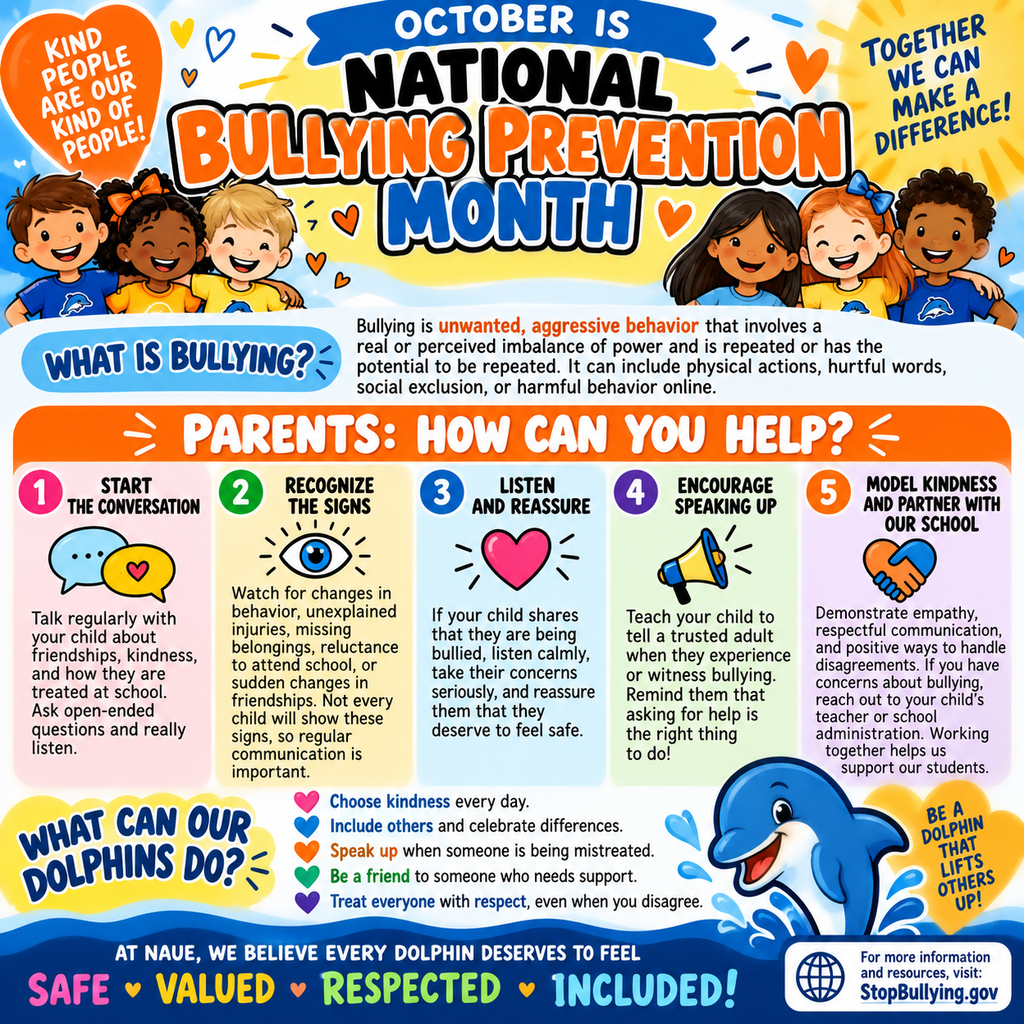 Poster with a blue dolphin, children, and text. Text includes "National Bullying Prevention Month" and "October is National Bullying Prevention Month".