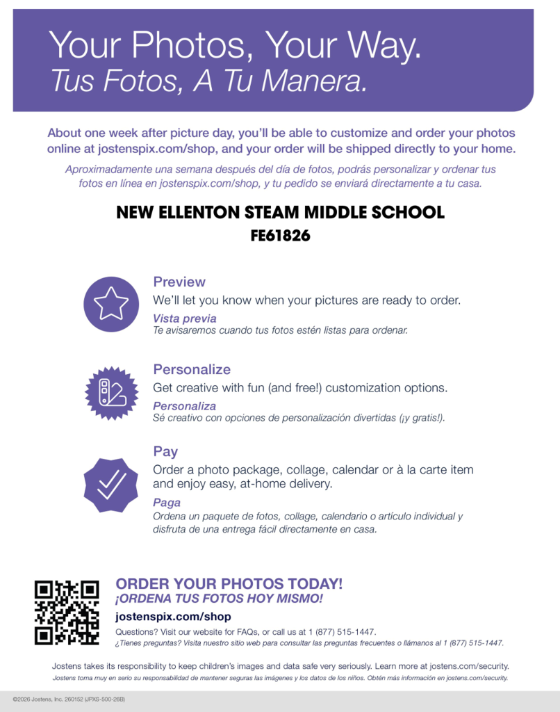 Blue background with text. "New Ellenton Steam Middle School" in bold. Icons with text: star, puzzle, checkmark, QR code. Contact information at bottom.