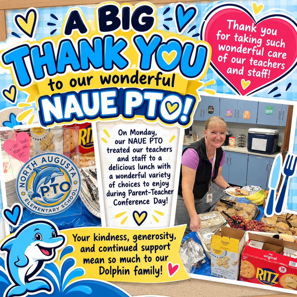 Collage of photos thanking the PTO with a woman arranging food, a table of food, and a dolphin.