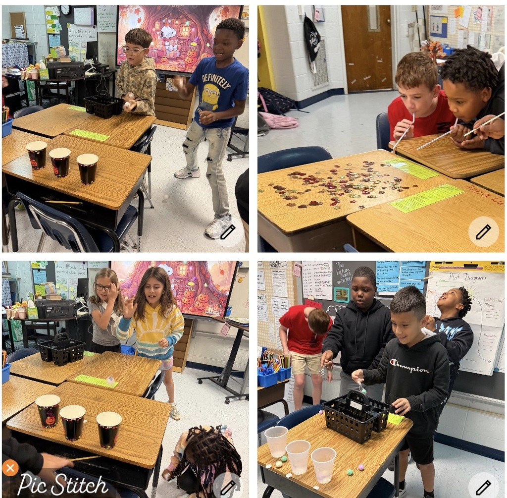 Four panels of students in a classroom. One panel shows students standing, one shows students seated. Panels show students pouring, drinking, and playing a game.