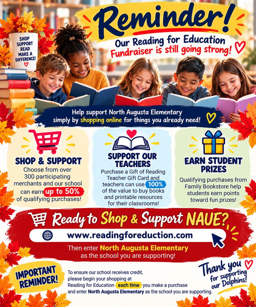 Kids in a classroom setting, reading books and holding leaves. A shopping cart, book, and gift box.