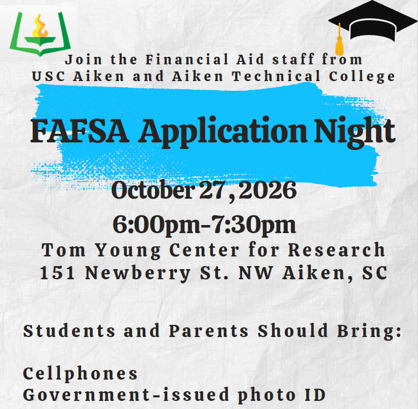 Poster with FAFSA Application Night details, blue background with text, cap, and flame, and a white paper-like backdrop.