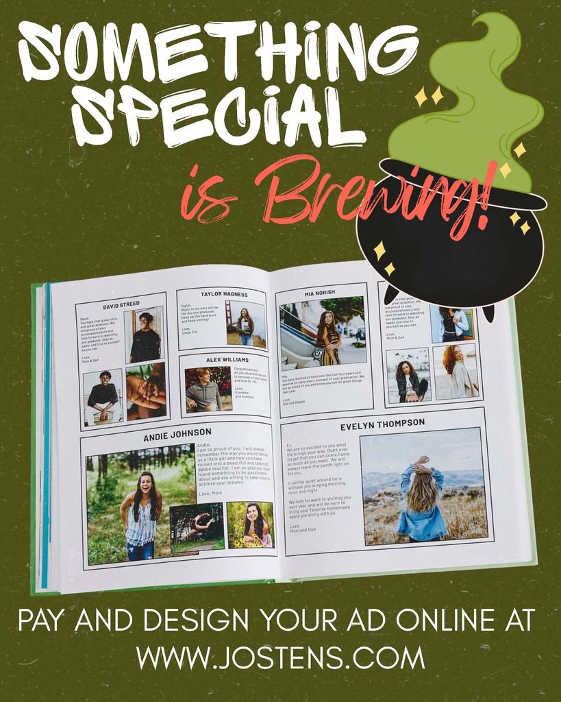 Advertisement for a yearbook. Open pages showing pictures of students. A cauldron sits on top of the book.