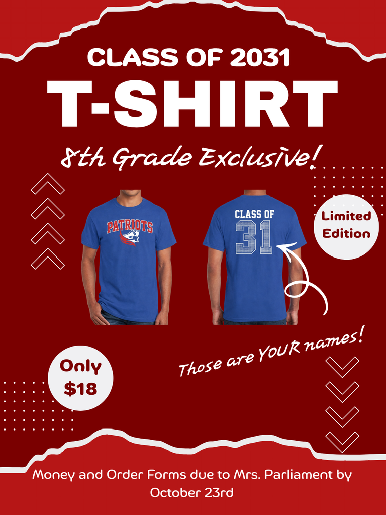 Two blue T-shirts on red background. One shirt says "Patriots" and "CLASS OF 2031" with number 31. Other shirt has "CLASS OF" and number 31.