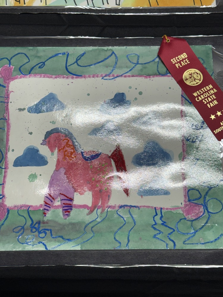 Painting of a horse on watercolor paper with a ribbon reading "Second Place" at top.
