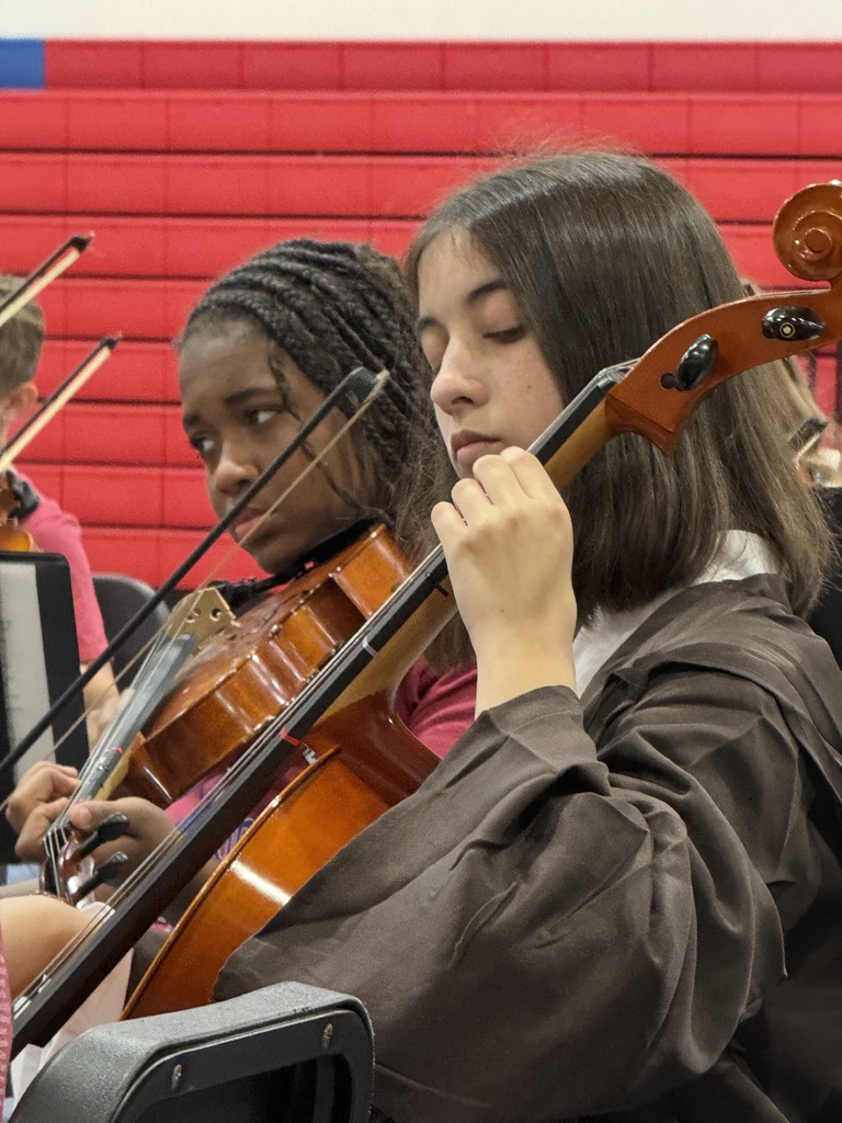 Two students play violins in a room with red bleachers. One student wears a brown robe.