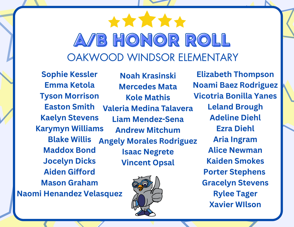 List of students, names in bold, with "A/B Honor Roll" at top, yellow stars, blue border, and cartoon owl logo at bottom.