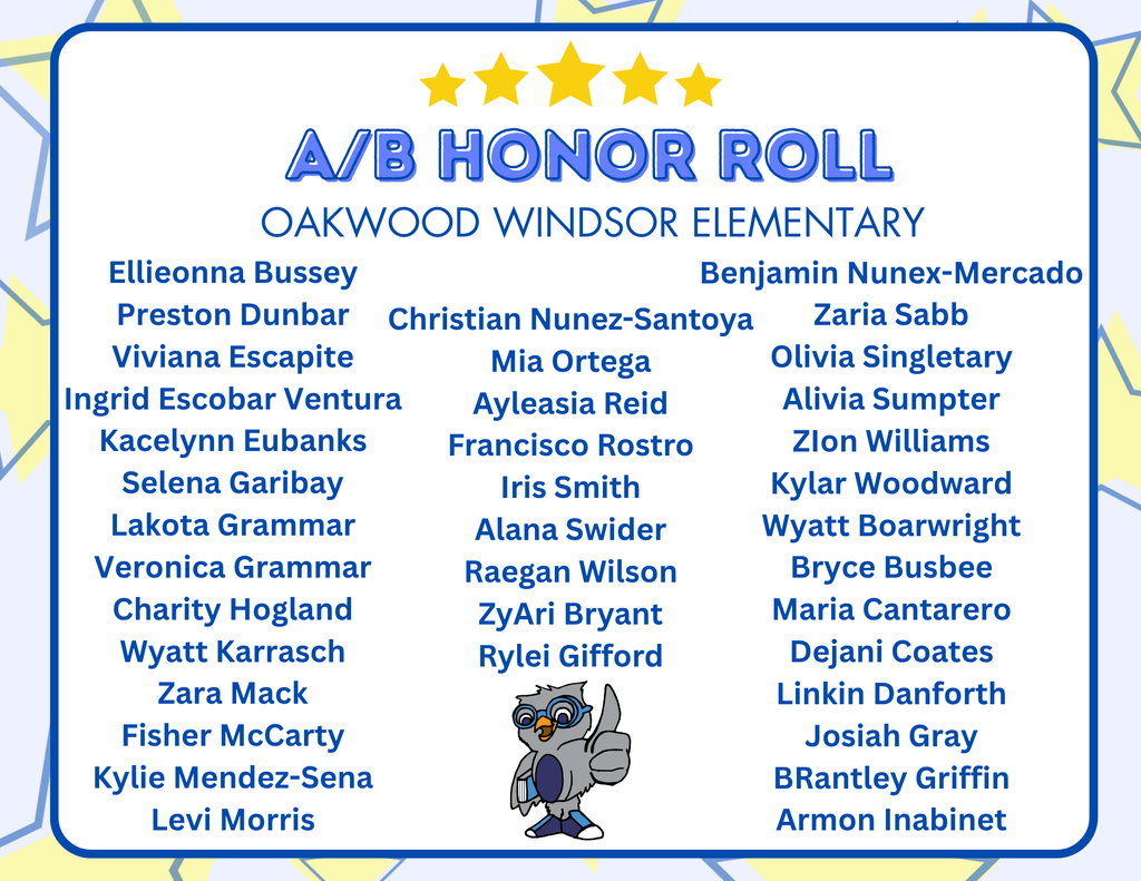 A white and blue banner lists students' names, divided into two columns, with a cartoon character below.