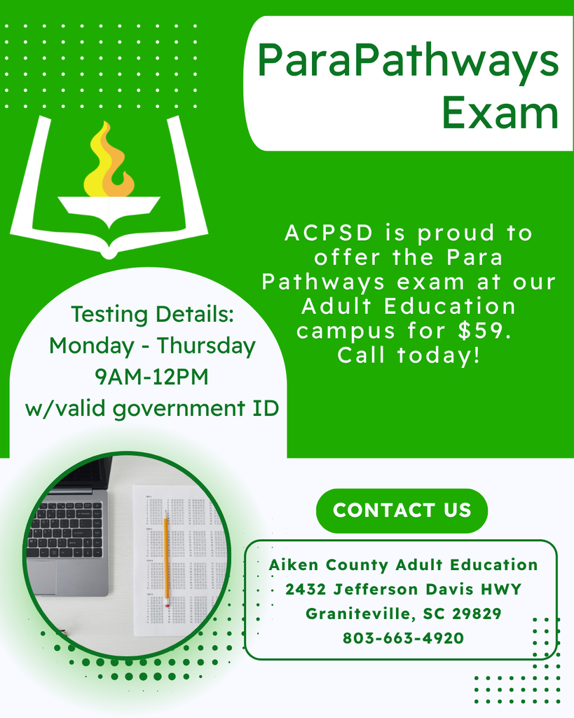 ParaPathways Exam Flyer with information on how to call and set up the exam at the Aiken County Adult Education Center