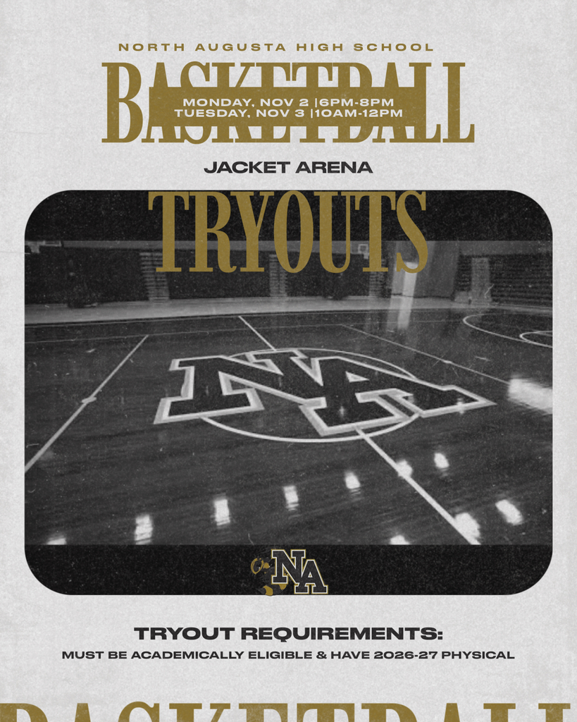 Black-and-white image of an athletic field with the letters NA in the middle. Text states basketball tryouts.