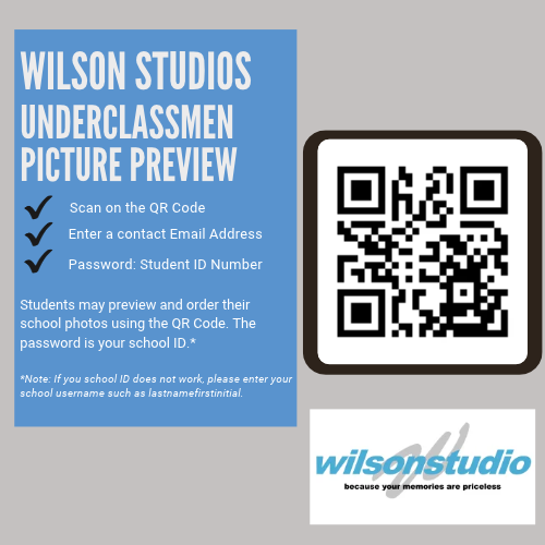 A blue banner shows Wilson Studios Underclassmen Picture Preview. Below, a QR code is displayed, with instructions to enter a contact email address and password.