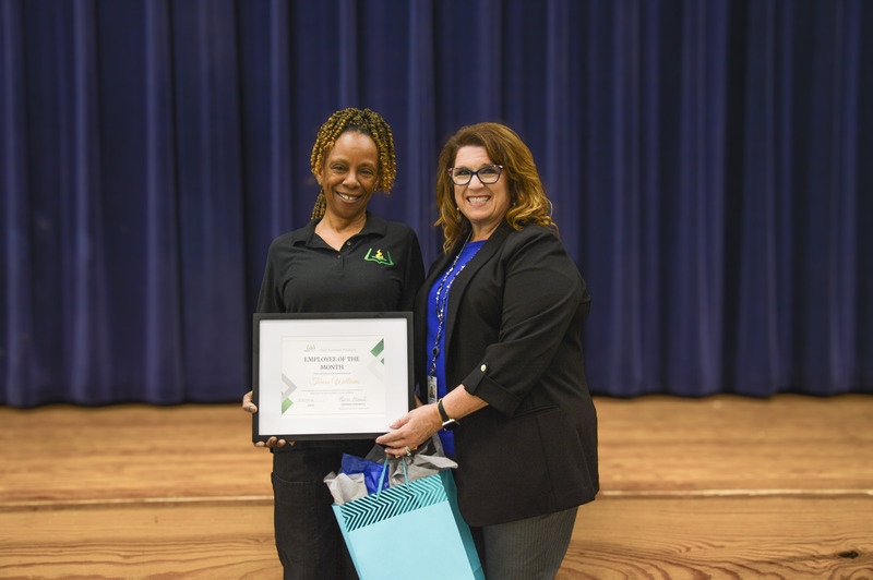 Schofield Middle Child Nutrition Operator Teresa Williams stands with Child Nutrition Coordinator Polly Peyinghaus for a picture