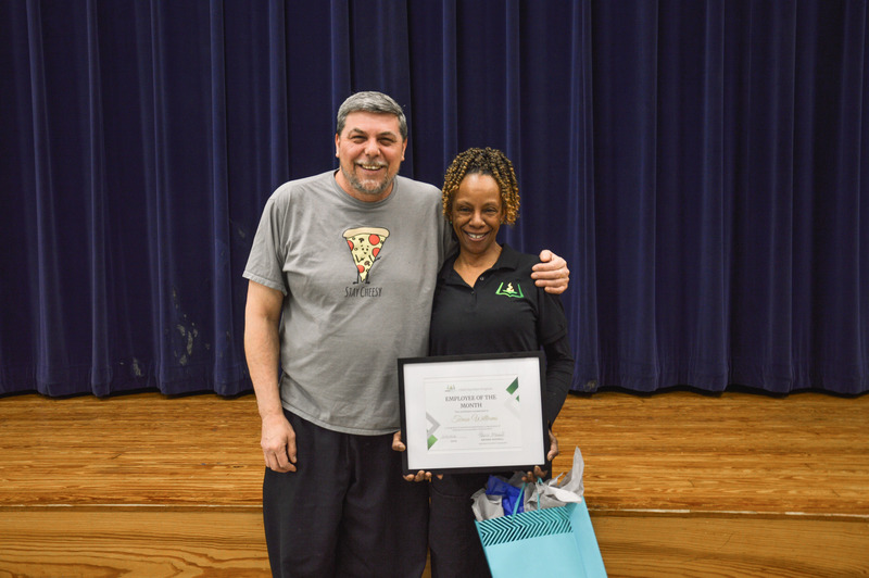 Schofield Middle Child Nutrition Operator Teresa Williams stands with Schofield's Child Nutrition Manager Michael Marcelain for a picture