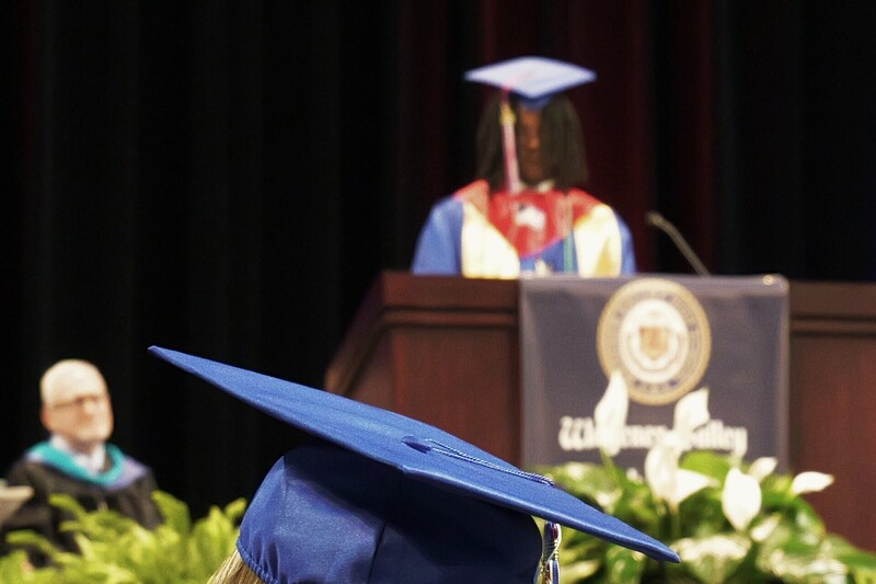 Photo of ValedictorianTrevis Trevon  Haynesworth  on stage giving his speech.