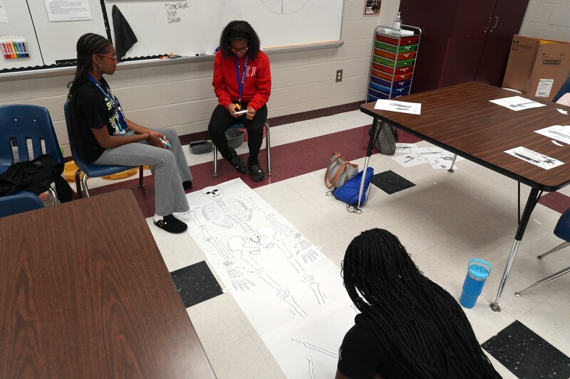 Students work together to create a poster of the human skeleton.