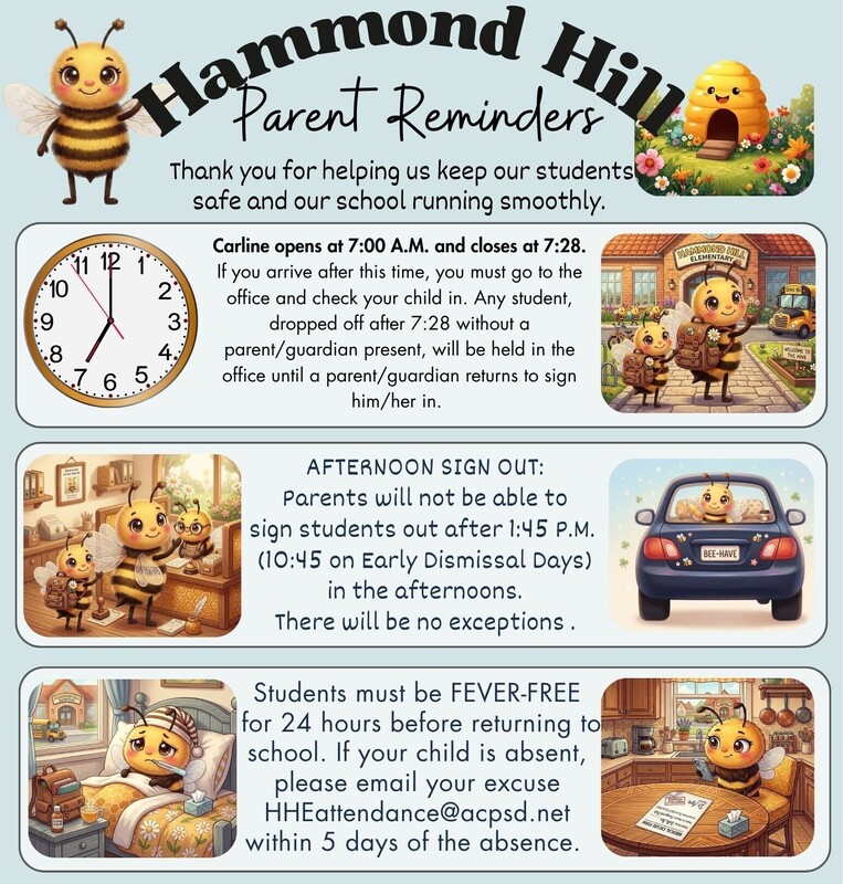 bees walking into school, laying in bed, checking into an office, riding in a car and snapping a picture of a doctor's note with details about arrival, dismissal and attendance procedures