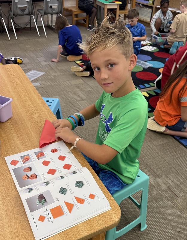 A boy is creating origami art.