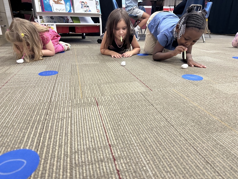 Three 4K students crawling on the floor are blowing cotton balls across the floor with straws.