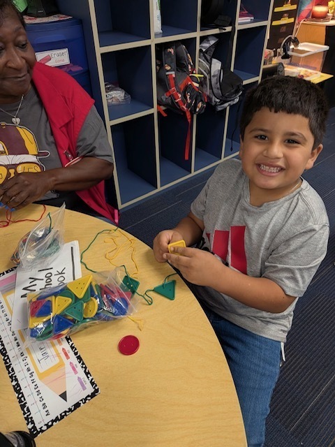 A boy is sorting shape blocks.
