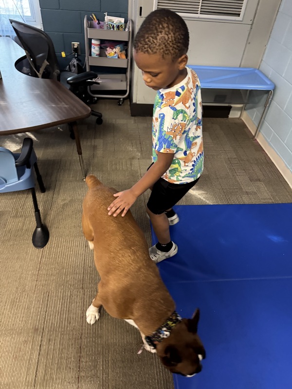 A boy stands petting Ruby the therapy dog.