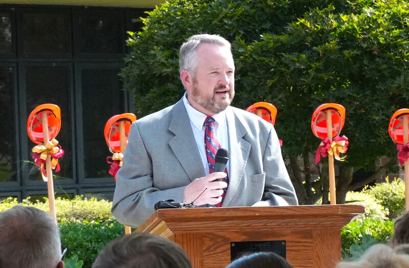 Board Chairman Cameron Nuessle speaks during South Aiken High School groundbreaking.