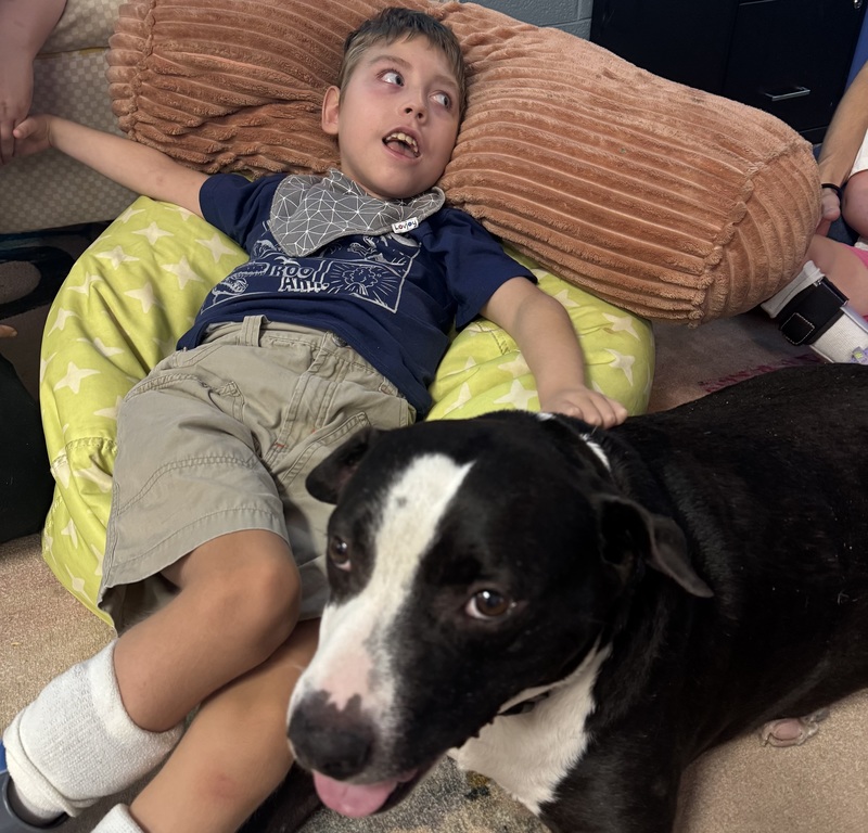 A boy laying on a beanbag has his hand resting on Cooper, a black and white dog.