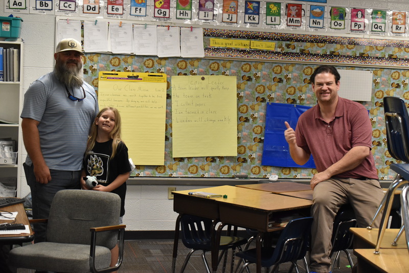 Families talking with teachers.