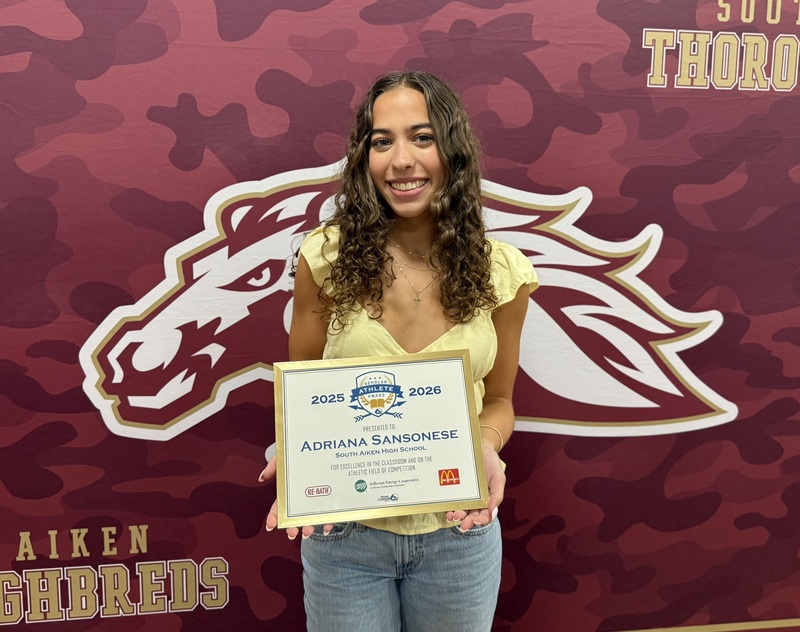 SAHS student Adriana Sansonese receives WJBF's Scholar Athlete Award.