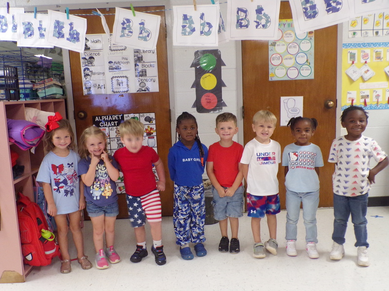 Students wearing red, white, and blue.