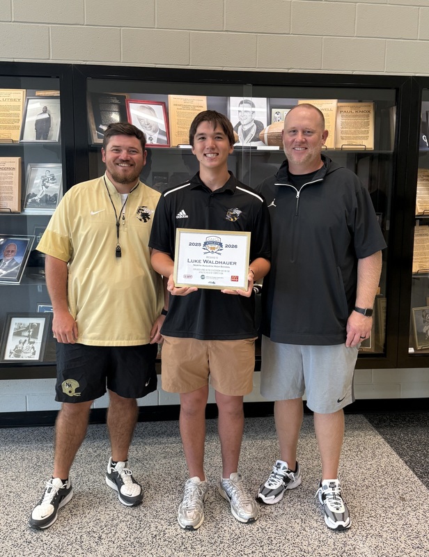 LUKE WALDHAUER OF NORTH AUGUSTA HIGH HONORED AS SCHOLAR ATHLETE posing with his coaches,