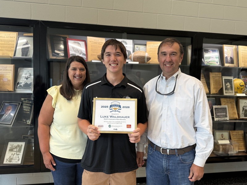 LUKE WALDHAUER OF NORTH AUGUSTA HIGH HONORED AS SCHOLAR ATHLETE WITH PARENTS.