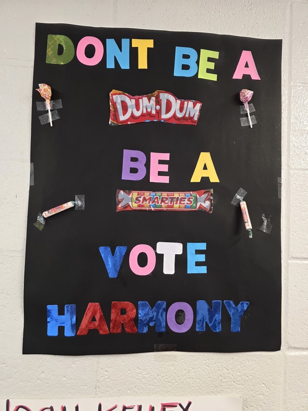 Campaign poster:Don't be a DumDum, Be a Smartie. Vote Harmony.
