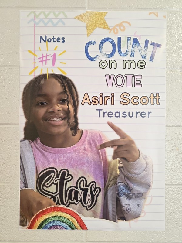 Campaign poster:Notes Count on Me, vote Asiri Scott Treasurer.