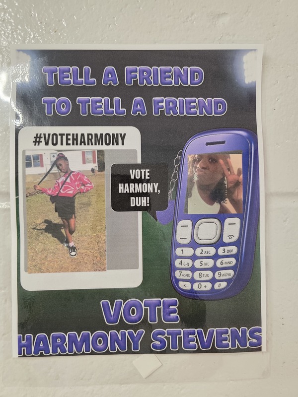 Campaign poster: Tell a friend to tell a friend, vote Harmony Stevens.