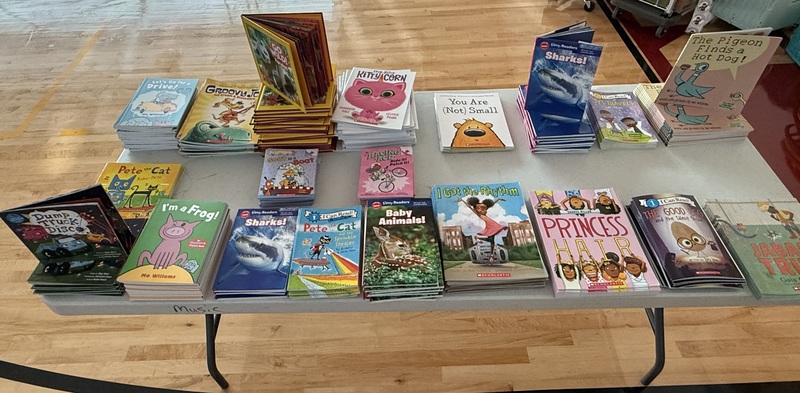 A table is covered with stacks of books.
