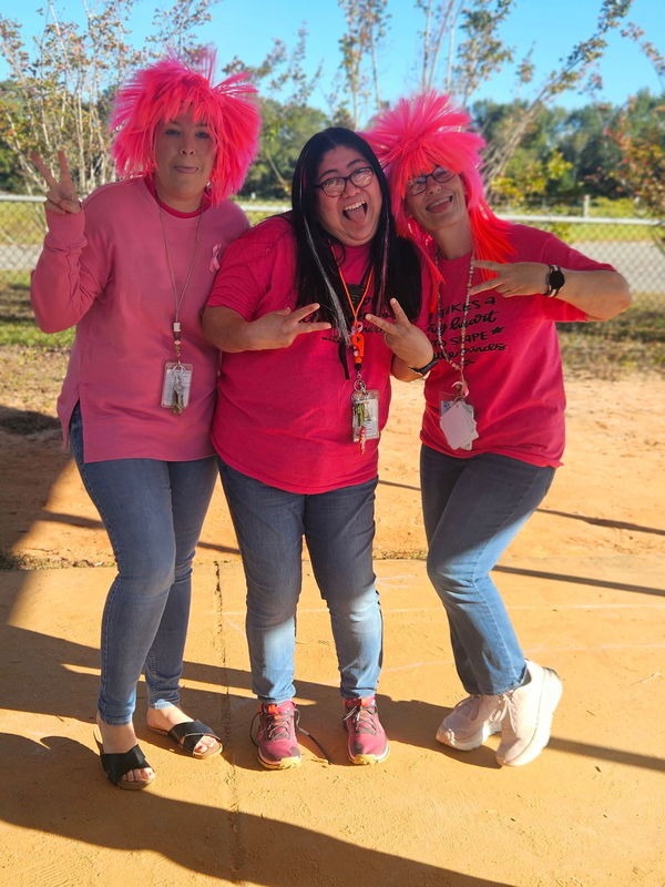 Three tachers with bright pink wigs and hair.
