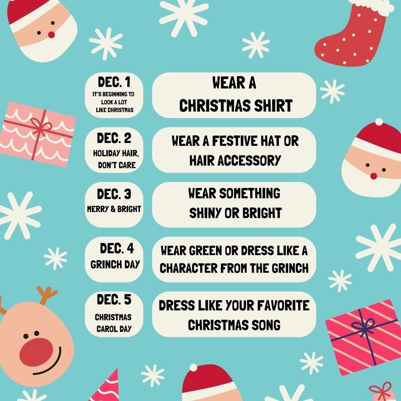 santa, reindeer, gifts and snow background with spirit days listed