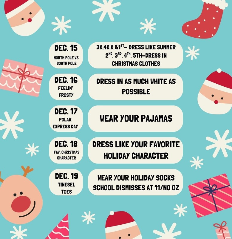 santa, reindeer, gifts and snow background with spirit days listed