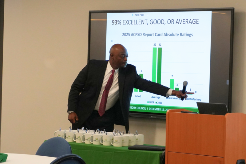 Dr. Corey Murphy showing statistics for elementary school performance.