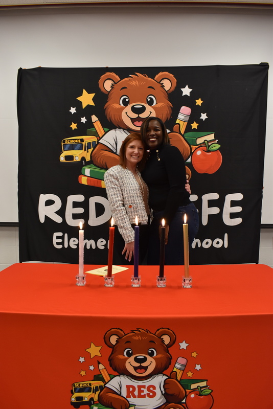 Two women standing behind candles.