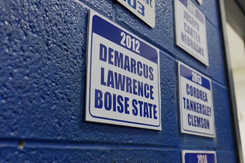 Nameplate for DeMarcus Lawrence, Boise State 2012.