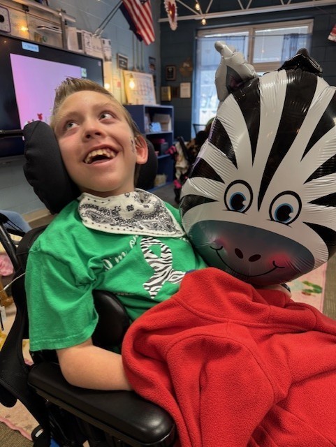 A boy in a wheelchair is holding a zebra balloon and smiling.
