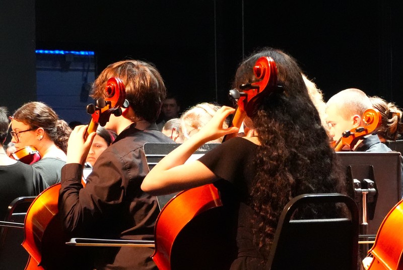 Students perform with bass and cello instruments.