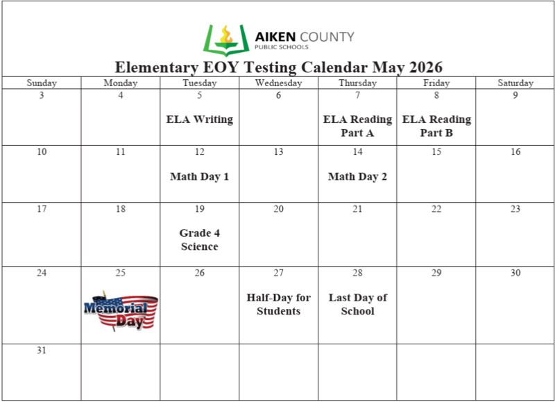 Calendar Dates for State Testing